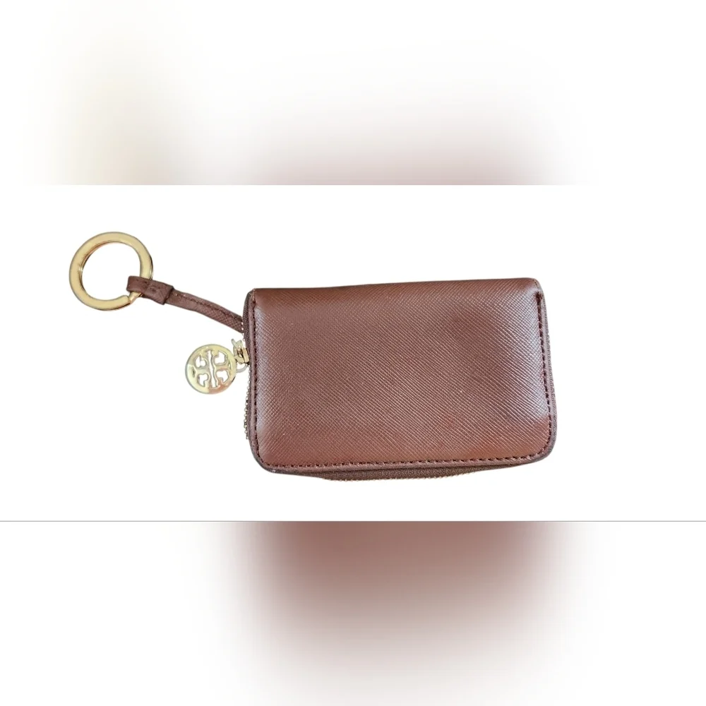 Tory Burch Brown Saffiano Leather Zip Coin Purse Wallet Key Ring Logo Compact